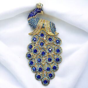 Vintage Style LARGE Blue Gold Diamante Peacock BROOCH Faux Crystal